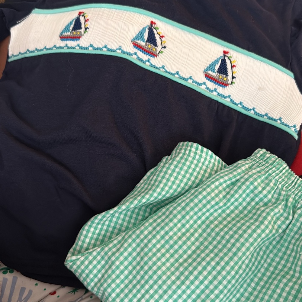 Navy Sailboat Sweater with Green Checkered Shorts